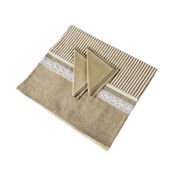 Camino de Mesa Sandra Adrubau Col. Écru 180x50cm + 2 Servicios Beige y Diseño Rayas Blancas - 1