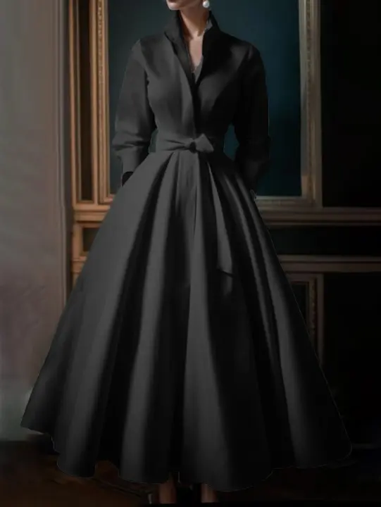 Vestido De Encaje Elegante Para Mujer Blanco / Negro Minimalista A-Line Con Plecas Y Cuello En Pie Manga Larga Vestido Largo Para Invitadas De Boda - 1