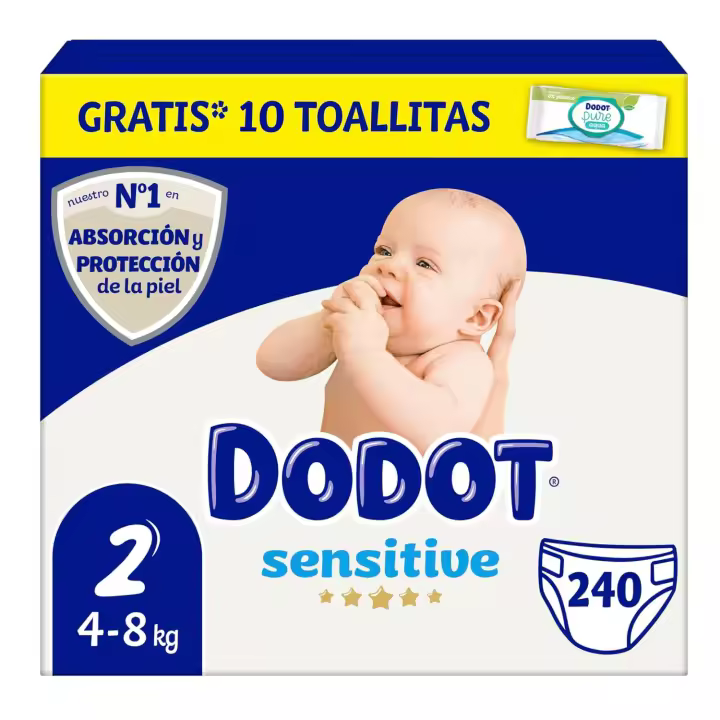 Dodot - Pañales Bebé Sensitive, Talla 2 (4-8 kg), 240 Pañales + 1 Pack de 10 Toallitas Gratis de Aqua Plastic Free, Nº1 en Protección de la Piel de Dodot, Pack Mensual - 1