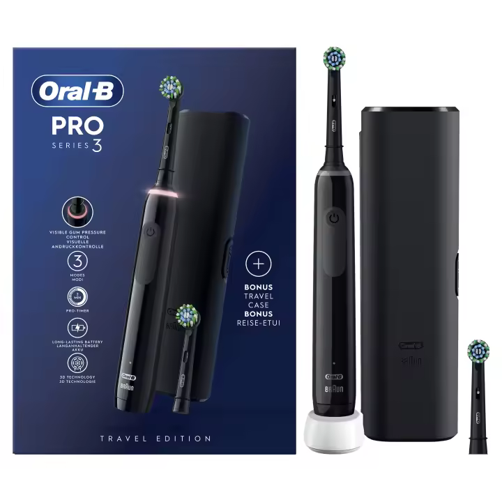 Oral-B Pro Series 3 Cepillo de Dientes Eléctrico con Mango Recargable y 2 Cabezales, Diseñado por Braun, Regalo Original, Color Negro y Blanco. - 1