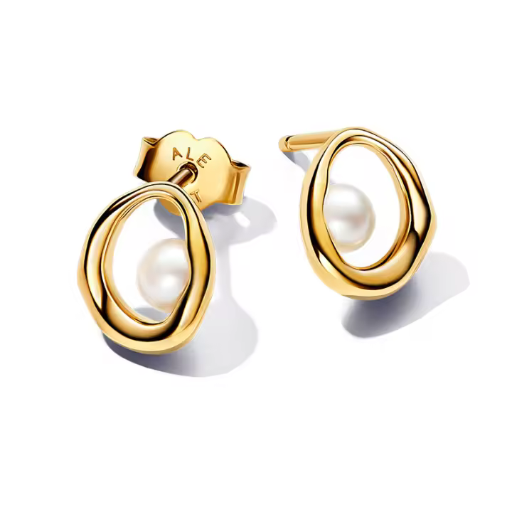 Pandora - Aretes de Perla cultivada de Agua Dulce, de forma ovalada y Orgánica-Baño de Oro de 14K - 1