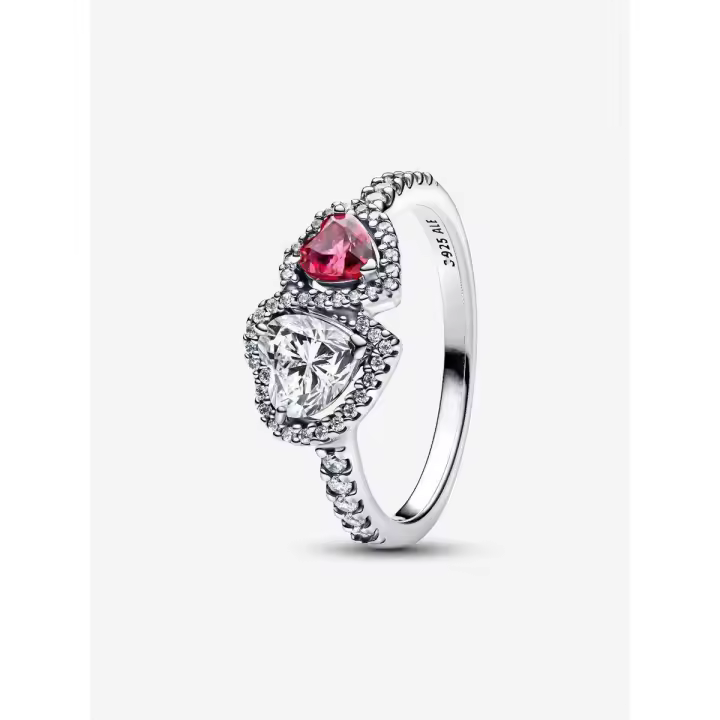 Anillo de corazones rojos dobles con halo brillante de plata 925 - 1