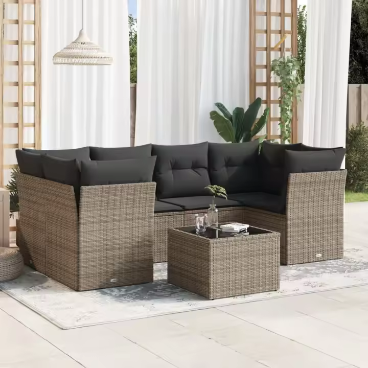 vidaXL Set de sofás de jardín 7 piezas con cojines ratán PE gris - 1