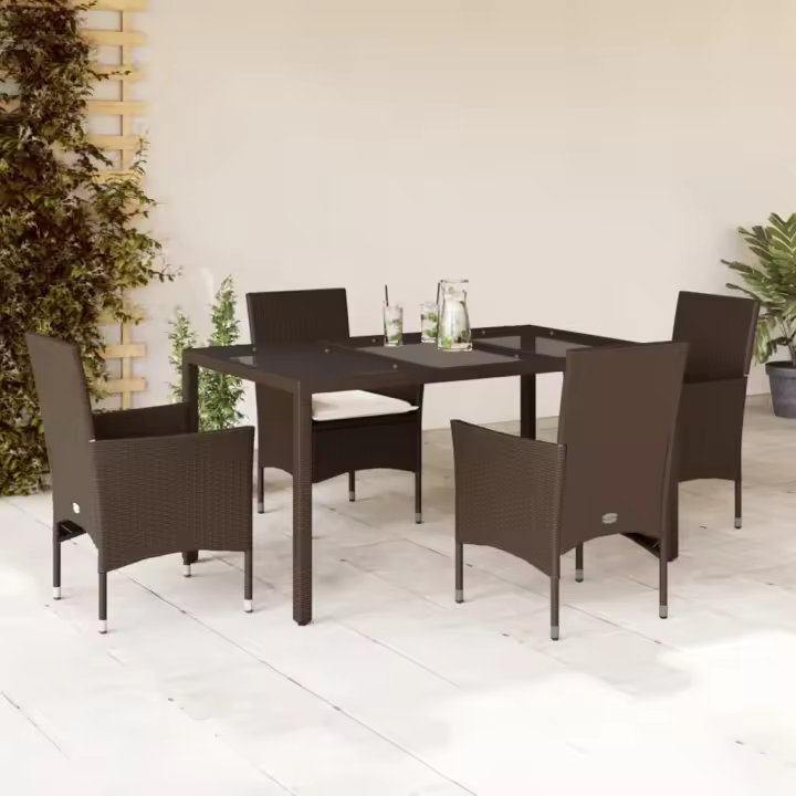 vidaXL Set comedor jardín 5 pzas cojines ratán sintético vidrio marrón - 1
