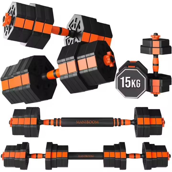 ManiBoom Pesas y Mancuernas Ajustables ANTIDESLIZANTES - Mancuernas 10kg 15kg 20kg 30kg 40kg 50kg Hexagonales con Barra Regulables y Cierre de SEGURIDAD - Kit de Ejercicio y Musculacion Gimnasio en Casa - Set Gym Deporte - 1