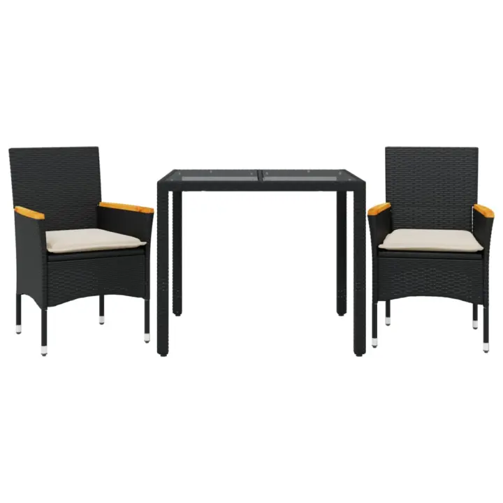 vidaXL Set comedor jardín 3 pzas cojines ratán sintético vidrio negro - 1