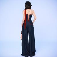 Conjunto De Ropa De Otoño Retro Para Mujer De WhereMery: Top Sin Mangas De Hombro Con Cuello Alto Y Pantalones Anchos De Pierna Alta Estilo Casual Y Fashion - details 8