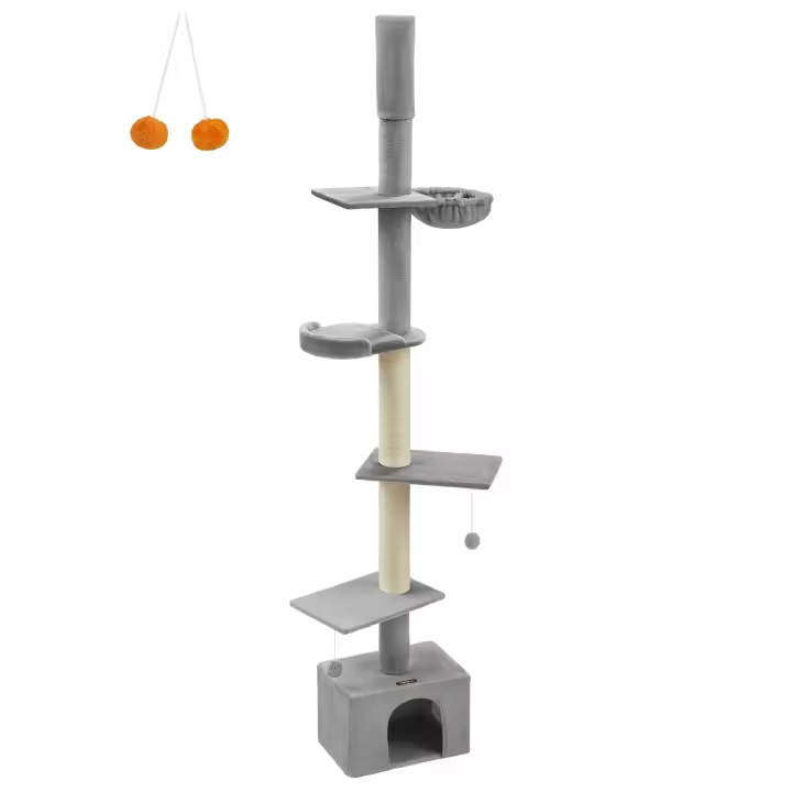 Feandrea Árbol para Gatos de Suelo a Techo, Torre para Gatos de 231-291 cm de Altura Ajustable, Alto y Multinivel, Diá. 11 cm, Gruesos Postes, Cueva, Hamaca, Plataforma, Gris Claro/Beige - 1