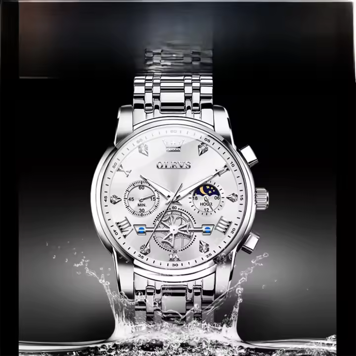 Reloj De Pulsera Masculino OLEVS 2856 Multifuncional Cronógrafo Original Cuarzo Fase De La Luna 24 Horas Resistente Al Agua - 1