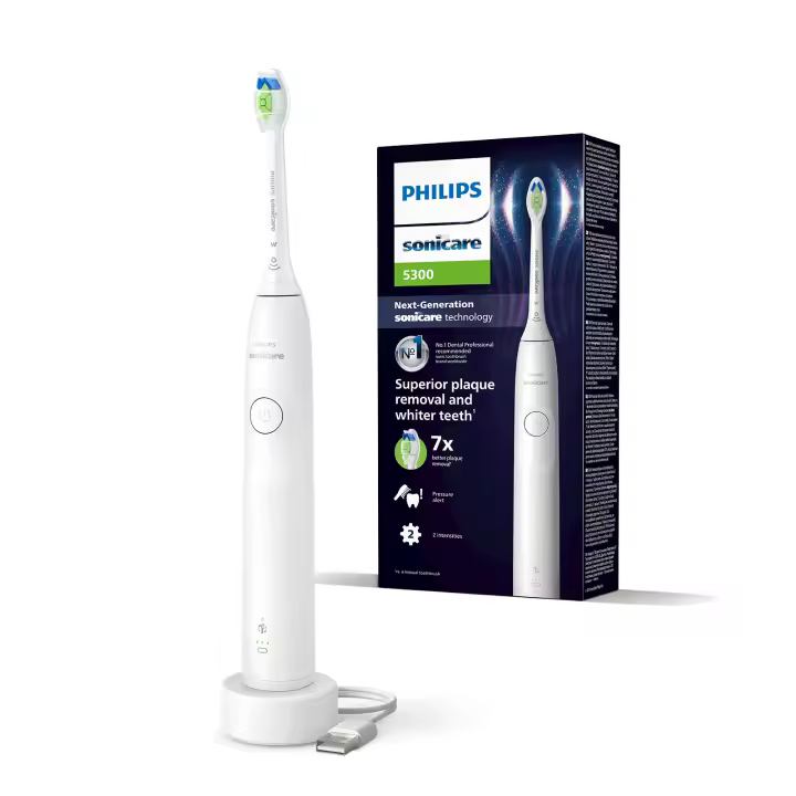 Cepillo Sonicare Series 5300 | 1 modo de limpieza y 2 intensidades. Incluye 1 cabezal de blanqueamiento Optimal White W2 y 1 cargador USB. Color: blanco. (HX7108/01) - 1