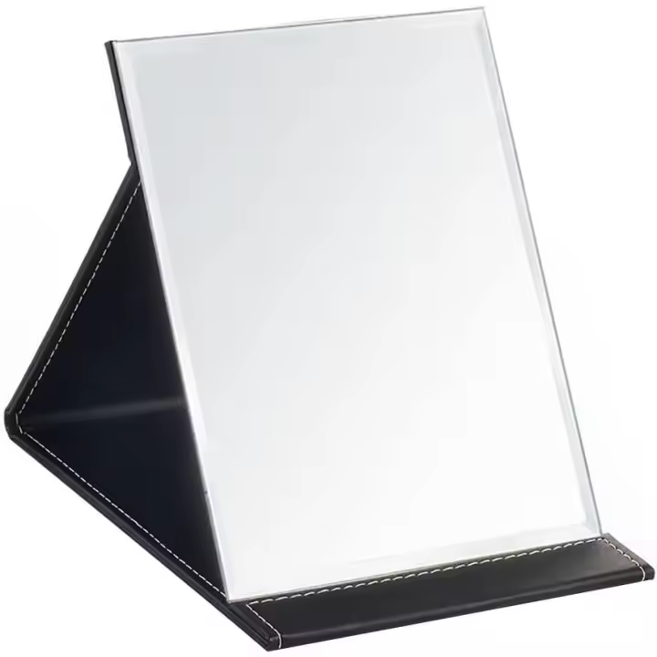 Espejo de maquillaje de escritorio plegable de cuero PU portátil con soporte ajustable para uso personal y viajes (pequeño, negro) - 1