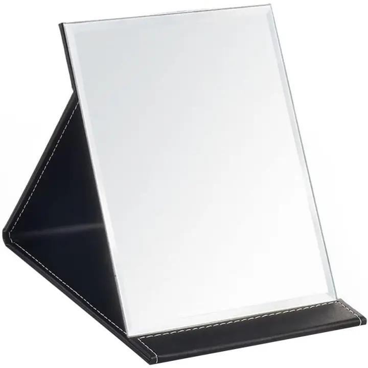 Espejo de maquillaje de escritorio plegable de cuero PU portátil con soporte ajustable para uso personal y viajes (pequeño, negro) - 1