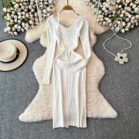 Vestido Largo De Mujer Con Cuello En V Y Manga Larga Blanco Elegante Con Cierre De Lazos Estilo Callejero Alta Moda Para Otoño Y Playa - details 0