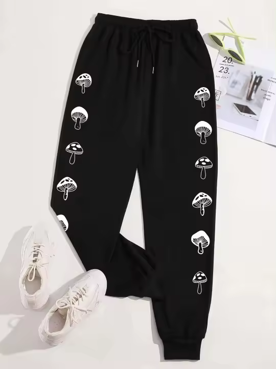 Pantalones Largos Kawaii Con Estampado De Hongos Para Mujer Cintura Elástica Dibujada Cómodos Pantalones Deportivos Casuales De Moda - 1