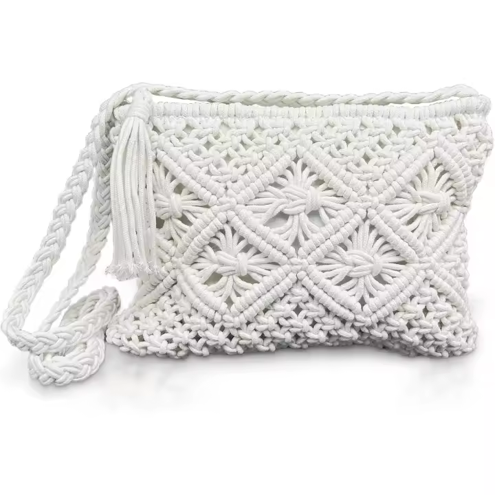 Bolso bandolera blanco hecho a mano para mujer, bolso de paja tipo mensajero, bolso de mano con cremallera, bolso de playa, bolso bandolera pequeño para vacaciones, bolso de mano pequeño para teléfono móvil - 1