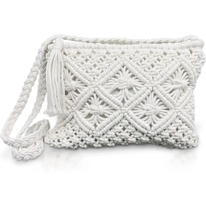 Bolso bandolera blanco hecho a mano para mujer, bolso de paja tipo mensajero, bolso de mano con cremallera, bolso de playa, bolso bandolera pequeño para vacaciones, bolso de mano pequeño para teléfono móvil - 1