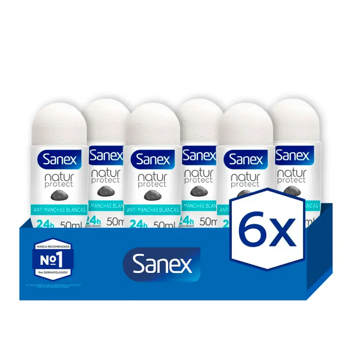 Desodorante roll-on Sanex Natur Protect 24h anti-manchas blancas con piedra de alumbre 50ml. Pack 6 - 1