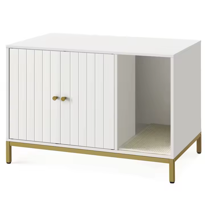 Armario para Gatos con Patas Altas - Elegante Mueble para Arena, 80x50x55 cm, Blanco y Dorado - 1