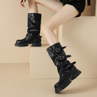 Botas De Caballero Pliegues Con Hebilla Para Mujer Marrón De Cuero PU Botines De Media Pantorrilla Slip-On Tacón Grueso Botas De Montar Mujer 2024 - details 2
