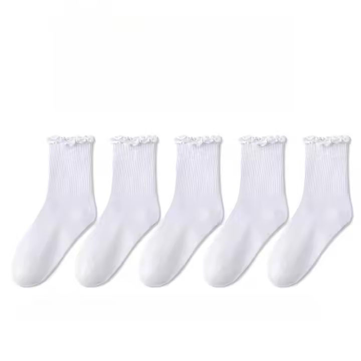 5 Pares De Calcetines Casuales Para Mujer De Tubo Medio Pleated En Colores Negro Y Blanco Transpirables Para Primavera Y Otoño - 1