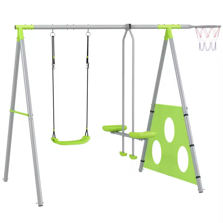 AIYAPLAY Columpios para Niños de +3 Años 4 en 1 Columpios Jardín Exterior con Columpio Planeador Portería de Puntería y Aro de Baloncesto Verde - 1