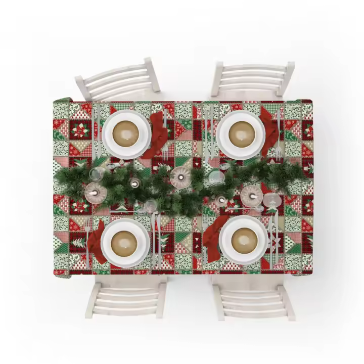 La fabrica de las telas-Mantel Navidad  patchwork motivos navideños, tela algodón loneta estampada, lavable, suave, tejido de calidad, cuadrado y rectangular.Decoración hogar, cocina, salon ,comedor, balcón. NOche buena, navidad, noche vieja. - 1