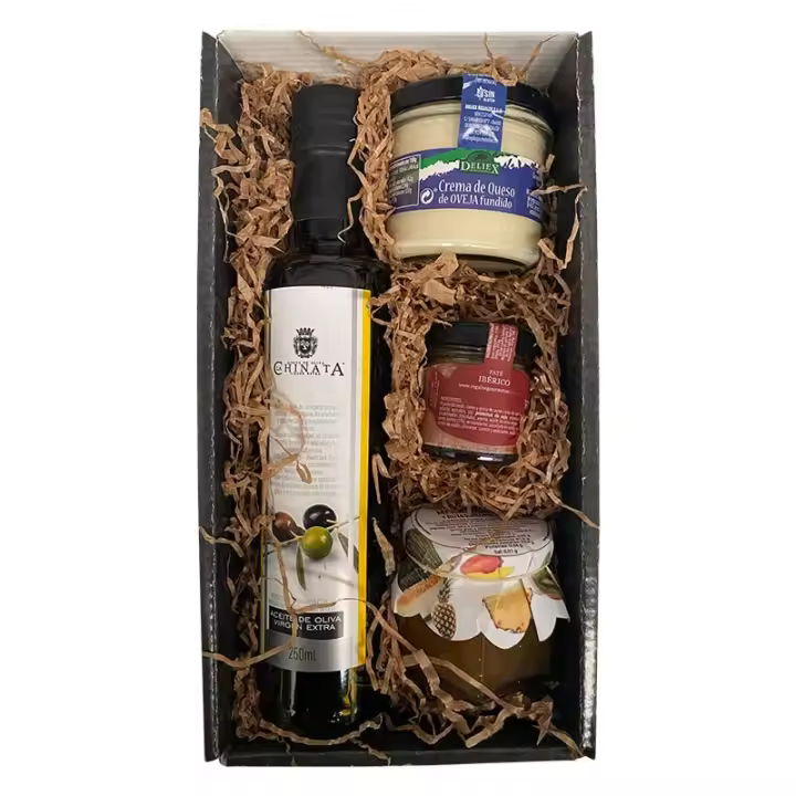 Deliex. Cesta de productos gourmet con aceite de oliva virgen extra 250 ml en vidrio, crema de queso de oveja natural 110 g, paté ibérico Deliex en formato de 30 g y mermelada. Cesta Navidad regalo - 1
