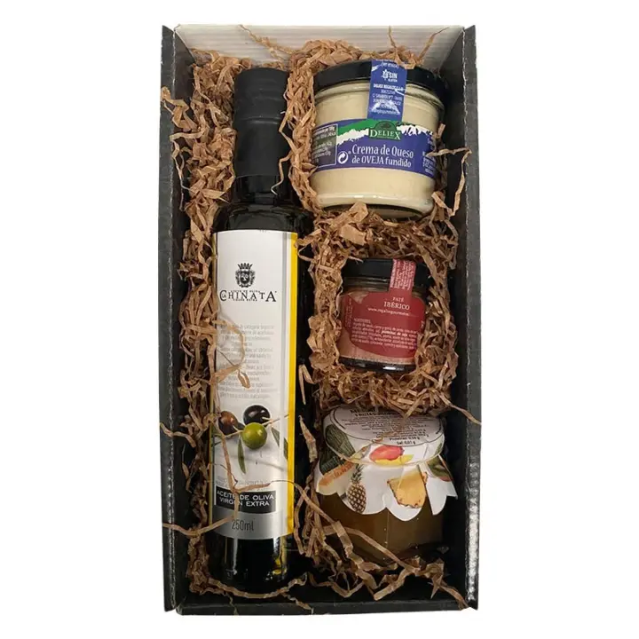 Deliex. Cesta de productos gourmet con aceite de oliva virgen extra 250 ml en vidrio, crema de queso de oveja natural 110 g, paté ibérico Deliex en formato de 30 g y mermelada. Cesta Navidad regalo - 1