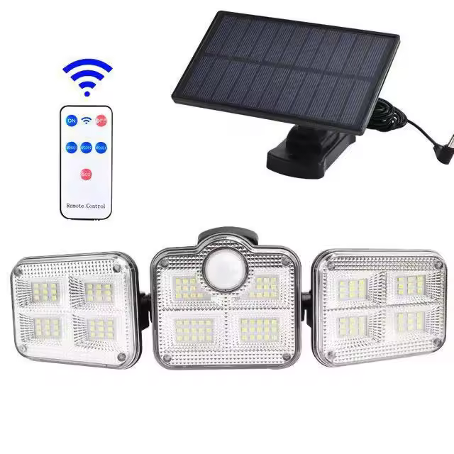 122LED de tres cabezas luz solar de pared luz solar de jardín luz de sensor de cuerpo humano al aire libre, luz solar de pared adecuada para jardines, patios y garajes - 1