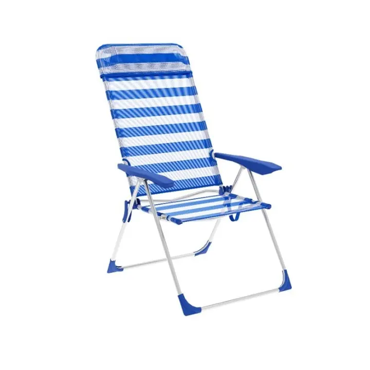 Marbueno Silla Plegable 5 Posiciones Aluminio con Cojin Rayas Azul y Blanco Playa y Piscina 69X58X110 cm 10316 - 1