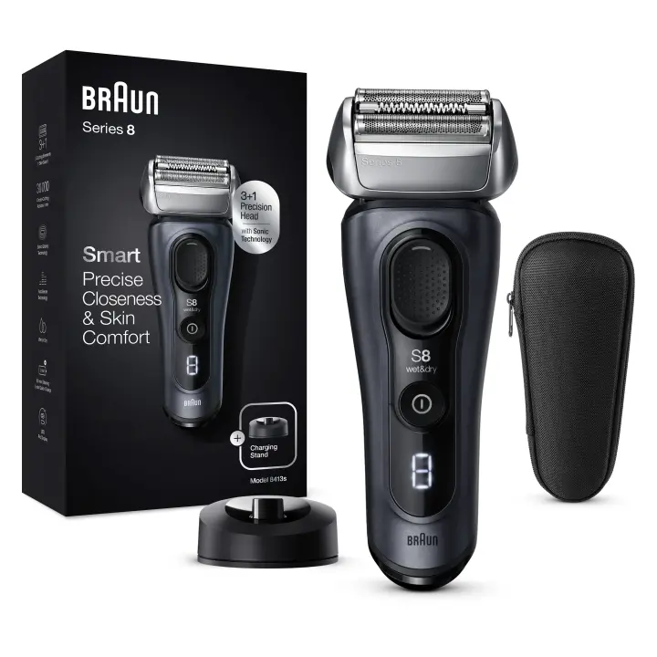 Braun Series 8 8413s - Afeitadora eléctrica qué funciona en seco y mojado, color gris fiordo, con estuche de viaje. - 1