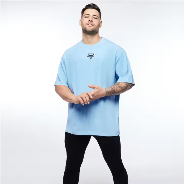 Gym Fitness Sports Loose Oversized T-shirts Casual Short Sleeve Mesh Breathable Tops Summer Men Bodybuilding Workout Shirts - 1