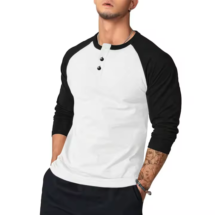 Camiseta Casual Para Hombre Cuello Redondo Manga Larga Color-Block Estilo Europeo Y Americano Camiseta Básica De Verano - 1
