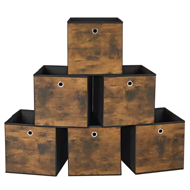 SONGMICS Caja Almacenaje, Juego de 6 Cajas de Almacenamiento con Asa, Caja Organizadora de Tela Oxford y Tela no Tejida, 30 x 30 x 30 cm, Ajustable, Plegable, Marrón Rústico y Negro/Marrón Castaño/Gris Nublado - 1