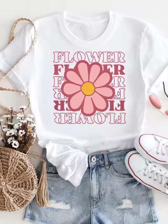 Camiseta Blanca Con Estampado De Flores Para Mujer Casual Top De Verano Manga Corta Moda Graphic T-Shirt Polyester Stretch - 1