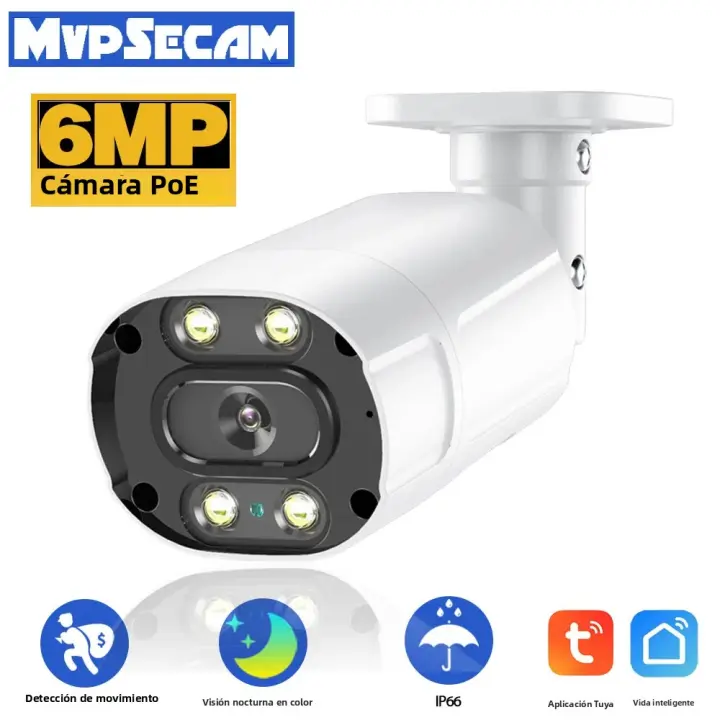 Cámara IP Tuya 6MP POE HD Vigilancia Video Exterior H.265 Lente Sola POE 48V Almacenamiento Interno 128G Visión Nocturna Color Audio Bidireccional IP66 - 1