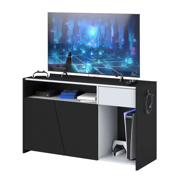 Moderno Mueble TV TexGen Color Negro Stipple y Gris 2 Puertas y 1 Cajón 113x67x40 cm Dormitorio Juvenil o Salón - 1