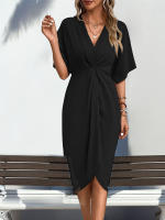 Vestido JIM & NORA 2024 Verano Para Mujer Cintura Alta Elegante Tipo Wrap Cuello En V Midi De Cintura Con Decoración Ruched Estilo Oficina - details 6