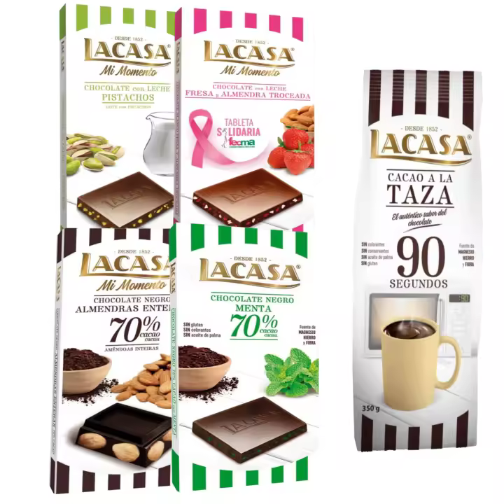 Lacasa pack de 5 tabletas de chocolate de diferentes sabores:taza 350g ,leche pistacho 90g, leche fresa y almendra , menta , almendra 200g - 1