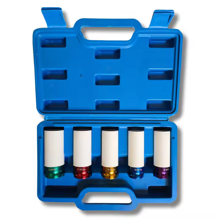 AC Tools Juego de 5 vasos de impacto medidas 15, 17, 19, 21 y 22 mm, con cubierta de nylon para proteger tus llantas. Para pistolas de impacto o llaves de 1/2. - 1