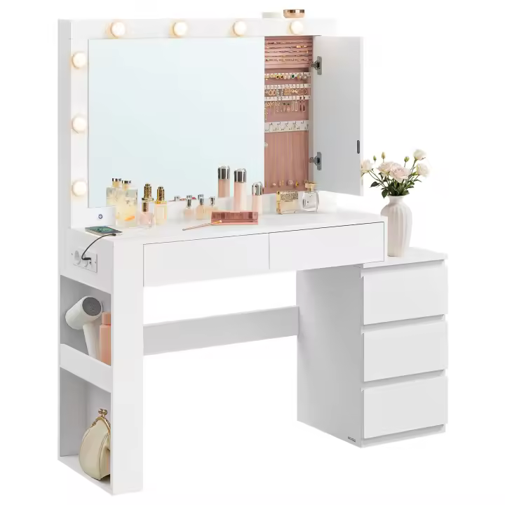 VASAGLE Tocador con Iluminación LED, con Espejo, Joyero, Regleta de Enchufes, 40 x 125 x 140 cm, con Cajones, Moderno, Blanco Nube - 1