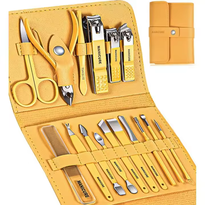 Set de manicura y cuidado de uñas, 16 cortaúñas y pedicura, herramientas profesionales de Maple inoxidable con cuero (Amarillo) - 1