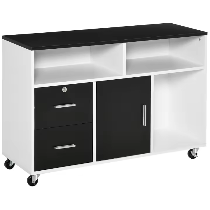 HOMCOM Mueble Auxiliar de Oficina Mueble Archivador con Ruedas Estantes y Cajones Armario Multiusos con Gran Almacenaje 100x35x65 cm Negro y Blanco - 1