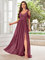Vestido De Noche Elegante Para Mujer Unithorse Con Hombros Finos Manga Corta Cintura Ajustada Y Abertura En El Lado Chiffón Formal Para Damas De Honor - details 2