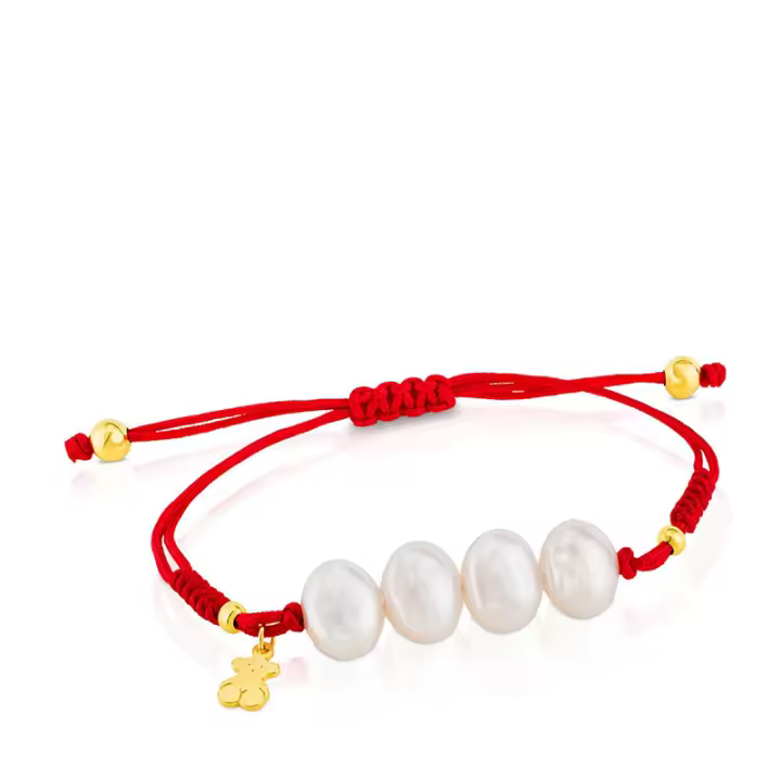 Pulsera de cuero de Plata 925 con Perlas y Oso Dorado - 1