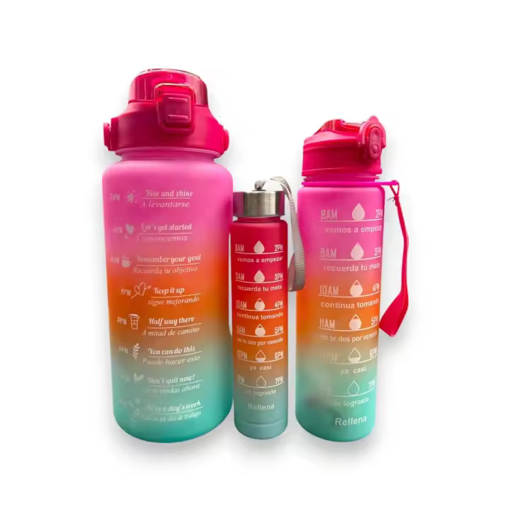 Sanda - Juego de 3 botellas de agua deportivas para ejercicio, gimnasio, Pajita incluida (sin BPA) - Rosa / Verde - 1