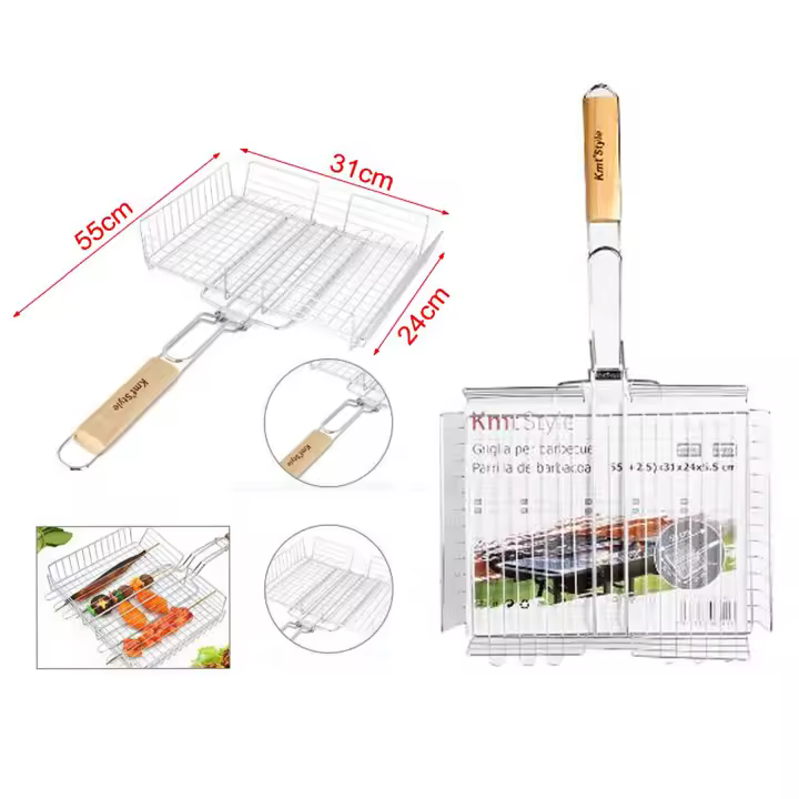 UD - Rejilla para Barbacoa de Acero Inoxidable con Mango de Madera – Estilo normal 22-40x31-40CM – Parrilla Antiadherente para todo– Kmt Style - 1