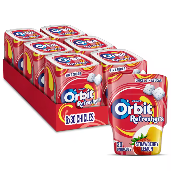 Orbit Refreshers, Chicles Sin Azúcar, Sabor Fresa Limón, en Formato Gragea, 6 Botes x30 Unidades - 1