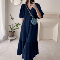 Vestido Maxi Casual ZANZEA Para Mujer De Tela Denim Azul Con Manga Puff Y Cuello V-Neck Estilo Retro Manga Corta Cierre Único Longitud Media-Calf - details 5