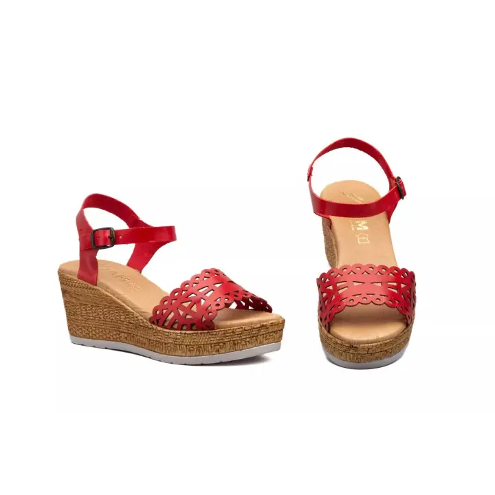 7055 Cuero - Blanco y Rojo Hecho en España Sandalias Mujer Piel Láser Cuero-Blanco y Rojo Cuña Yute Numeración: 35-41 Marca: JAM sandalia toda piel con cuña y planta de gel muy confortables ideales para el verano para todo tipo de eventos - 1